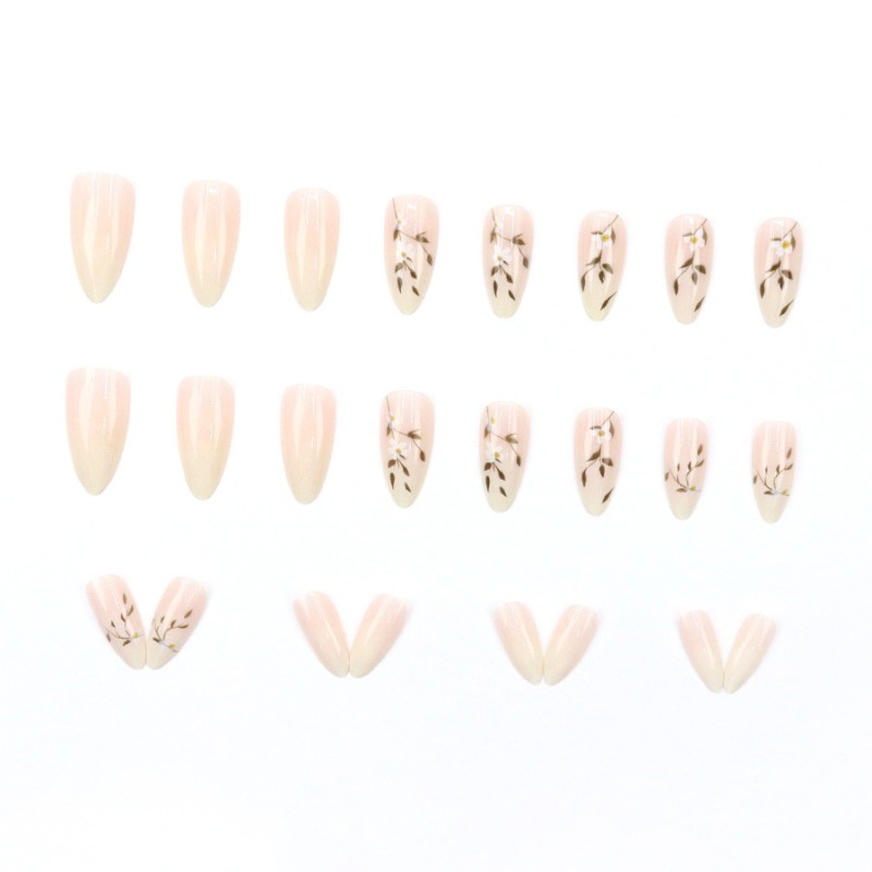 Press-On Nails Manufacturer - Wholesale 24pcs Premium Coffin Design ABS Press-On Pink White Gradient Leaves Flowers