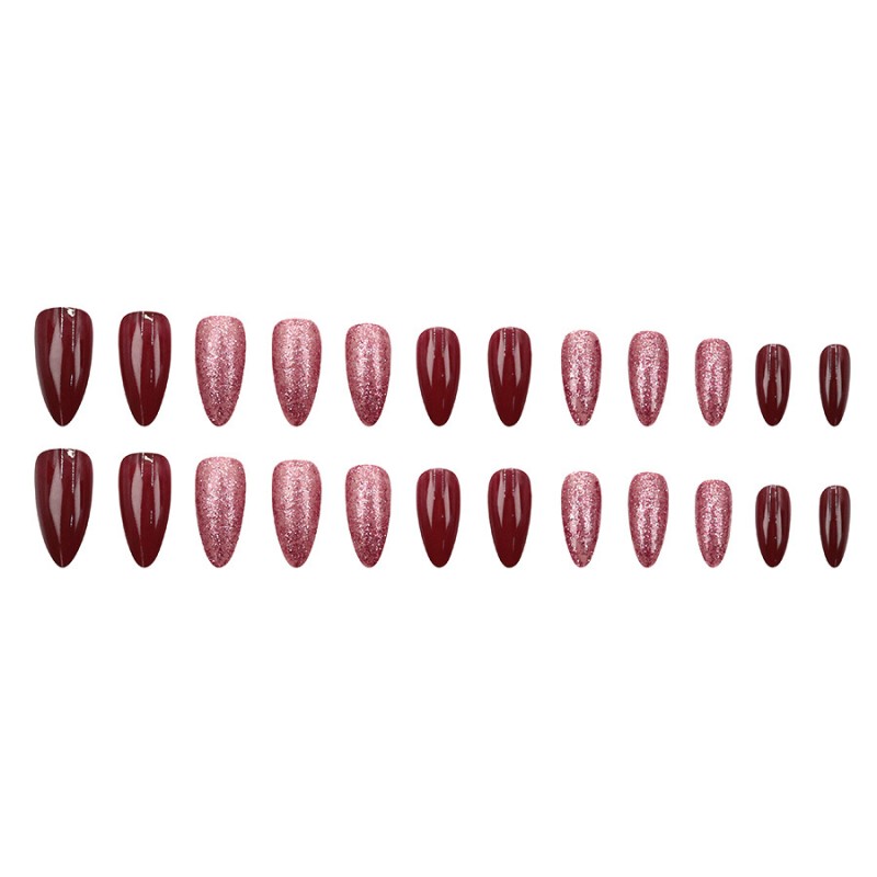 Almond Press-On Nails Supplier - 24PCS Dark Red Brown Glitter Effect Sweet Cool Mirror Powder