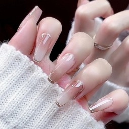 Press-On Nails Supplier - Wholesale 24pcs Premium Coffin Design ABS Milky White Gradient Mirror Finish Stiletto