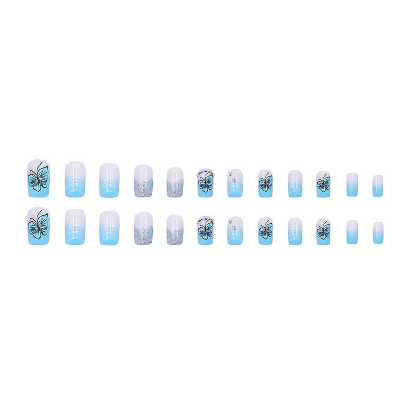 Press-On Nails Manufacturer - Wholesale 24pcs Premium ABS Press-on Coffin Design French Blue Butterfly Sparkle