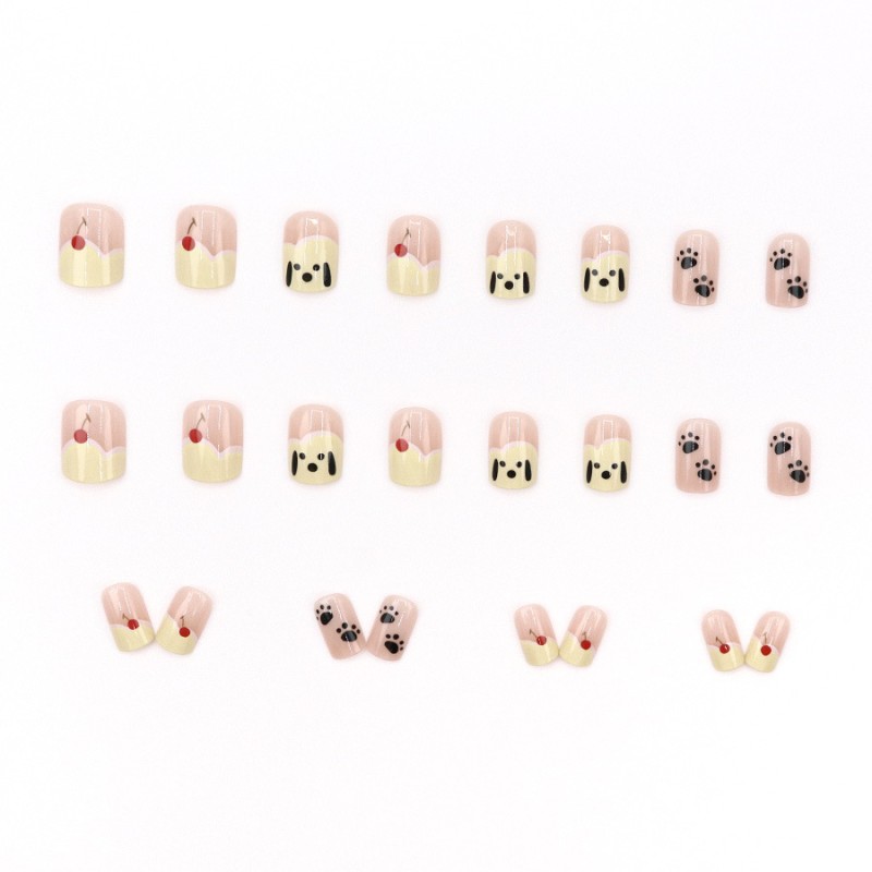 Press-On Nails Supplier - Wholesale 24pcs Premium Coffin Design ABS Press-On Ice Pink Cherry Cute Little Dog