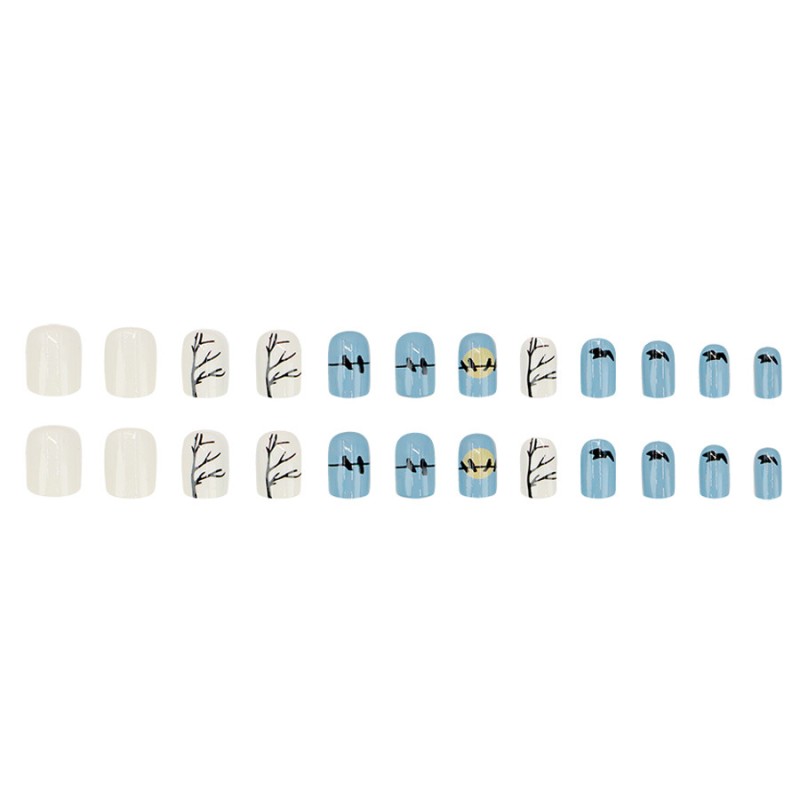 Press-On Nails Factory - Wholesale 24pcs Premium ABS Coffin Design Blue Sunset Tree Trunk Bird Square