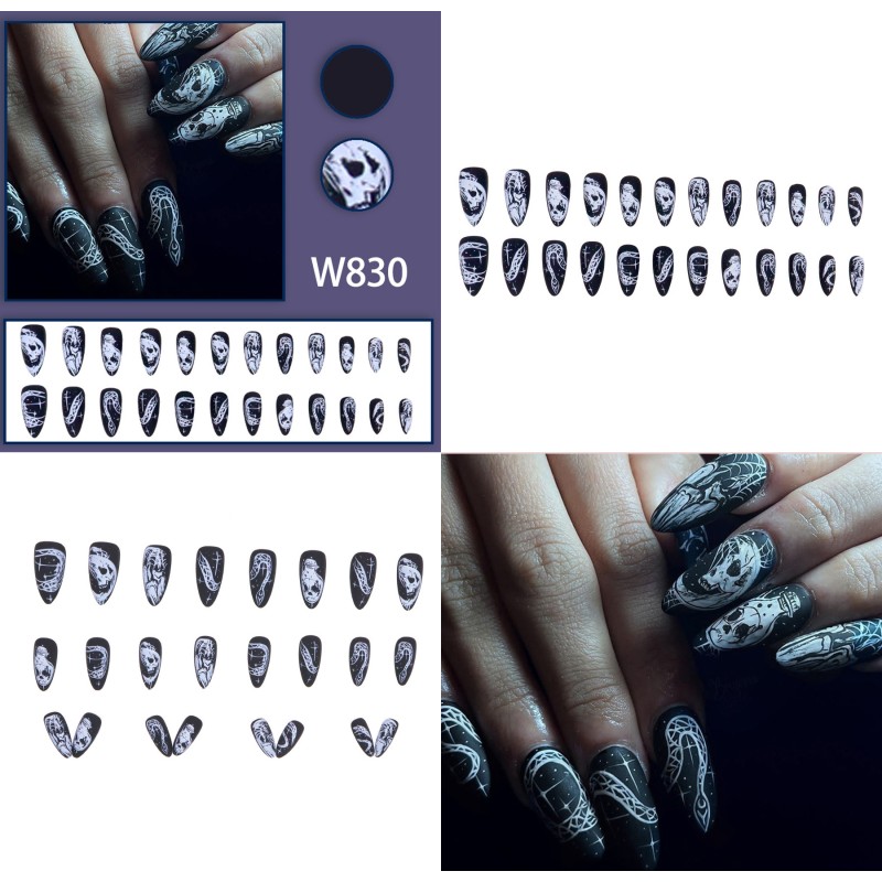 Halloween Press-On Nails Factory - 24PCS Matte Black Gothic Skull Snake Designs Edgy Style