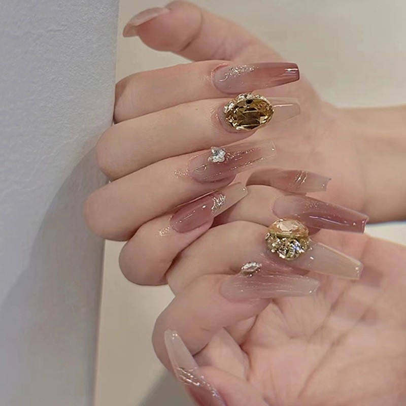 Press-On Nails Manufacturer - Wholesale 24pcs Premium ABS Press-On Yellow Diamond Sparkles Butterfly Coffin