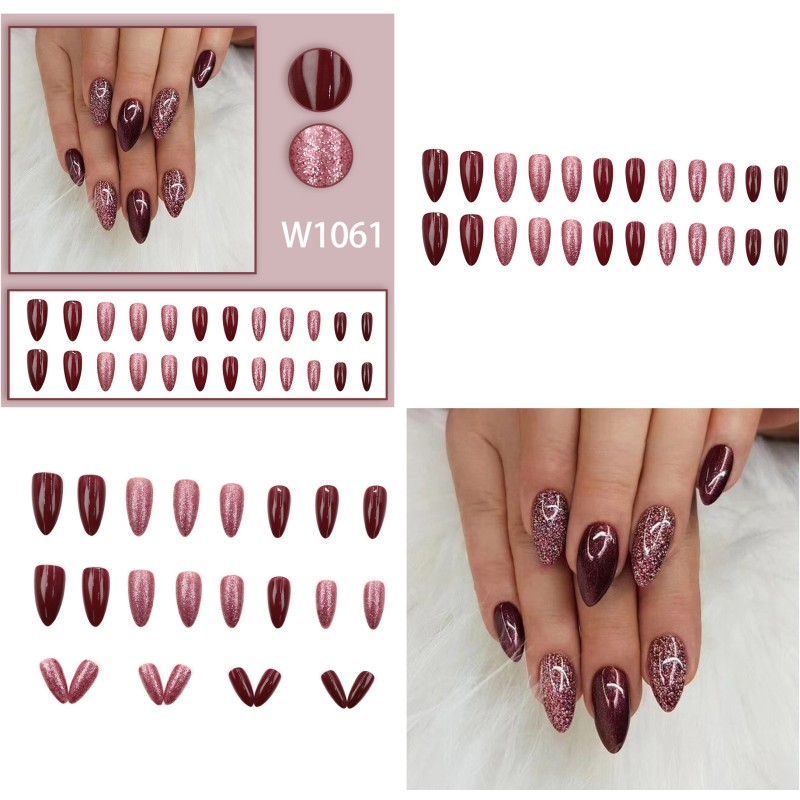 Almond Press-On Nails Supplier - 24PCS Dark Red Brown Glitter Effect Sweet Cool Mirror Powder