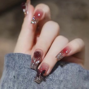 Press-On Nails Manufacturer - Burgundy Camellia with Butterfly Chain Designs Bold Fashion