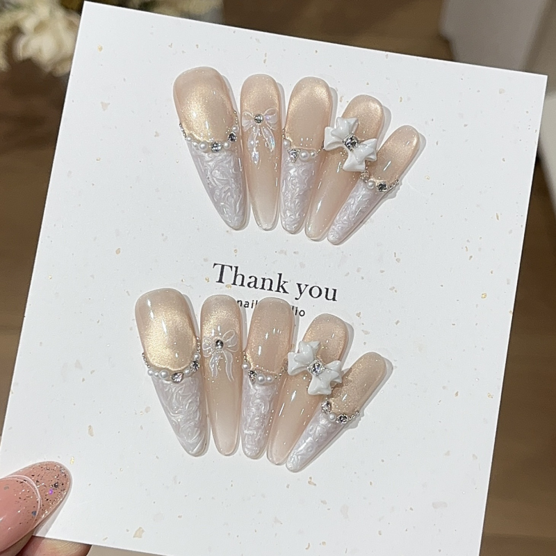 Nail Art Manufacturer - Gu Qianjin Baiyueguang Ins Pure Lust French Sparkling Cat Eye Bow Diamond Pearl