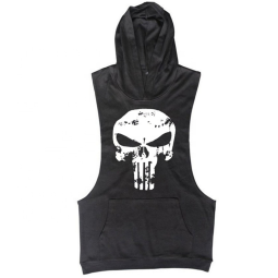 Hooded Vest Manufacturer - Custom Cotton Mens Hooded Sleeveless Vest Gym Fitness Stringers Black