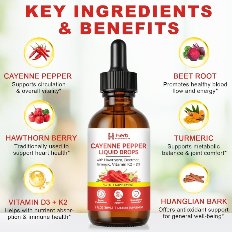 Cayenne Pepper Drops Manufacturer - OEM/ODM Liquid Supplement with Hawthorn Beet Root Turmeric Vitamin K2 & D3