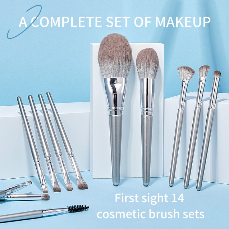Full Set Brush Factory - Silver 14 Pieces Full Set Foundation Blush Highlight Concealer