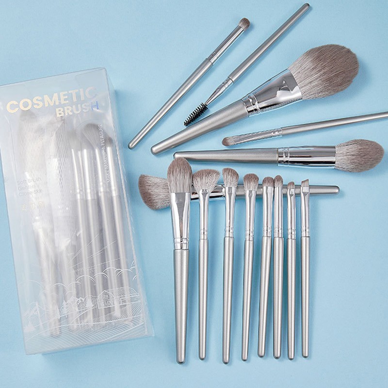 Full Set Brush Factory - Silver 14 Pieces Full Set Foundation Blush Highlight Concealer