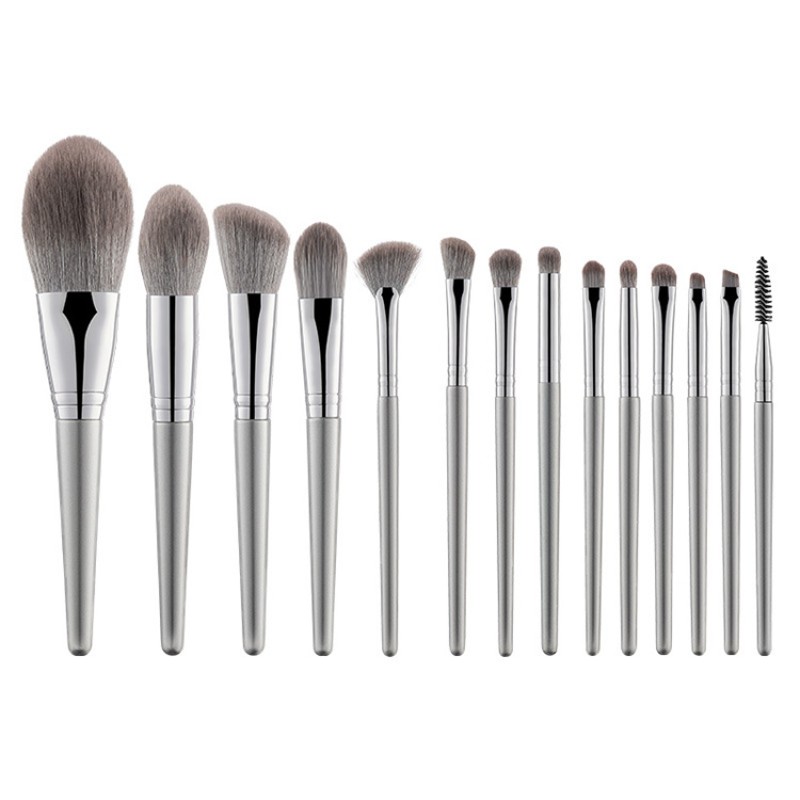 Full Set Brush Factory - Silver 14 Pieces Full Set Foundation Blush Highlight Concealer