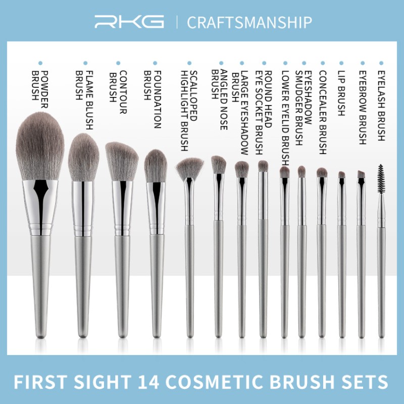 Full Set Brush Factory - Silver 14 Pieces Full Set Foundation Blush Highlight Concealer
