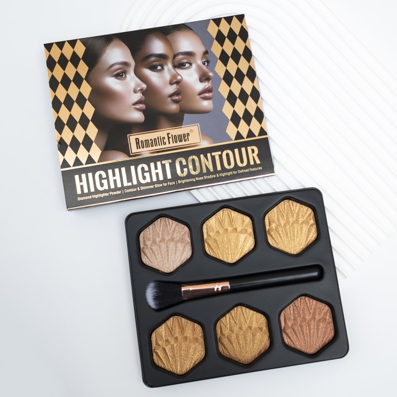 Highlighter Palette Supplier - 2025 New High Quality Glow Makeup Kit 6 Shades with Soft Brush