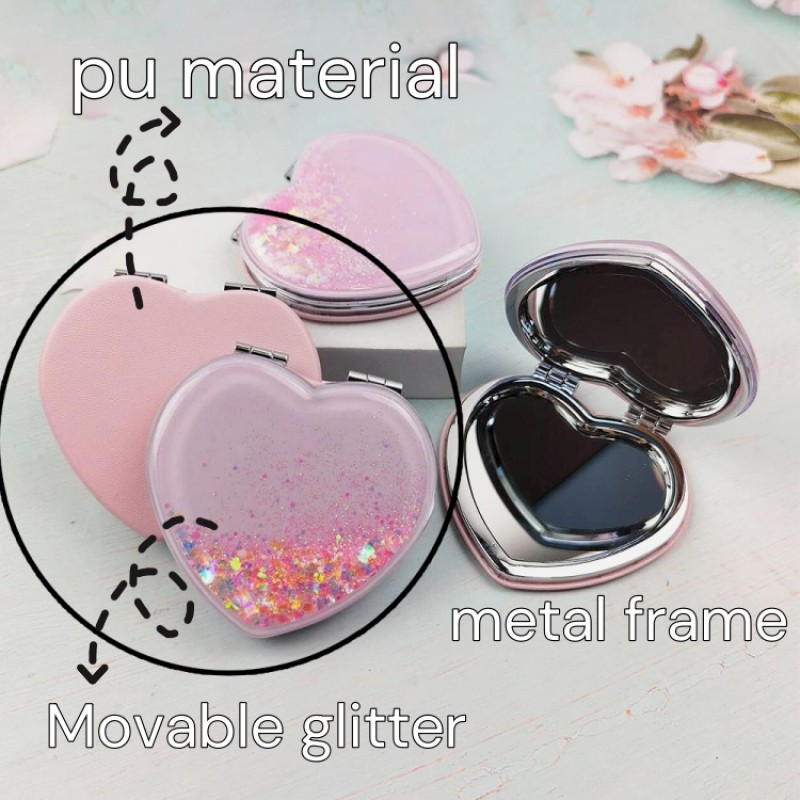 Compact Travel Mirror Manufacturer - Private Label Mini Small Hand Drop Glitter PU Double Side Foldable Portable