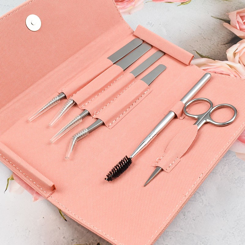 Pink 6 in 1 Kit Factory - Pink 6 in 1 Kit Stainless Steel Lashes Tweezers Applicator Scissors Brush Private Label Eyelash