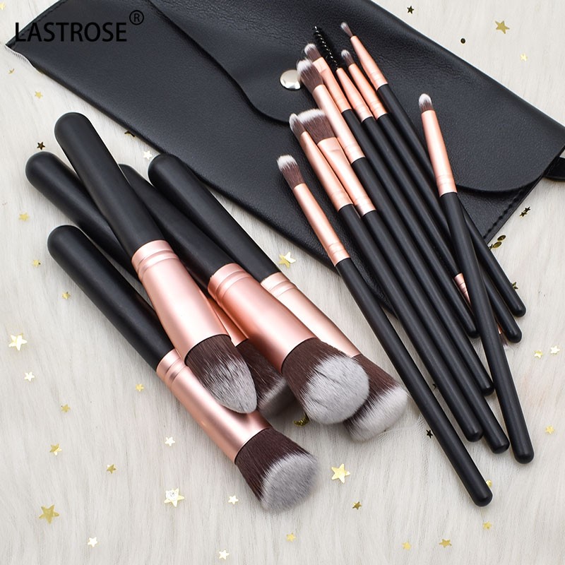 Black Wood Handle Brush Set Factory - Wholesale Price 14pcs Black Wood Handle Makeup Brush Set Black and Rose Gold Coating
