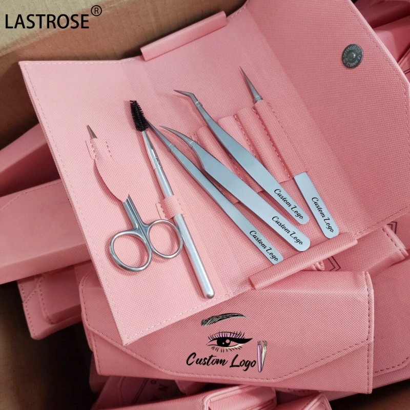 Pink 6 in 1 Kit Factory - Pink 6 in 1 Kit Stainless Steel Lashes Tweezers Applicator Scissors Brush Private Label Eyelash