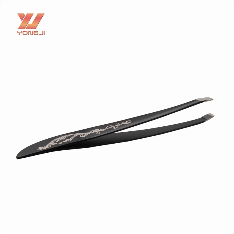 Beauty Tool Set Supplier - Wholesale Black Stainless Steel Eyebrow Tweezers with Slanted Tip Beauty Tool Set