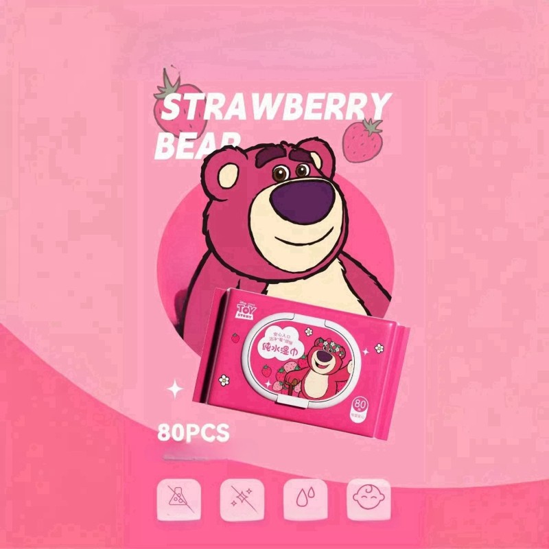 Wet Wipes Factory - 80pcs Funny Strawberry Bear Skin-Friendly Wet Tissues for Kids Hand and Mouth Cleansing