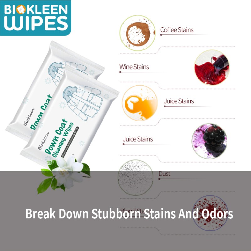 Clothes Clean Wipes Supplier - Biokleen Custom 50pcs Non Woven Down Jacket Clean Decontaminant Cleansing Wet Wipes
