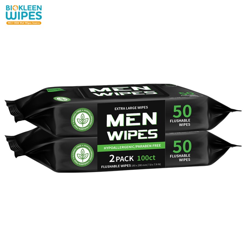 Men Wipes Supplier - Biokleen OEM Free Sample 100 Count Fragrance Free Vitamin-E & Aloe Mens Flushable Face Body