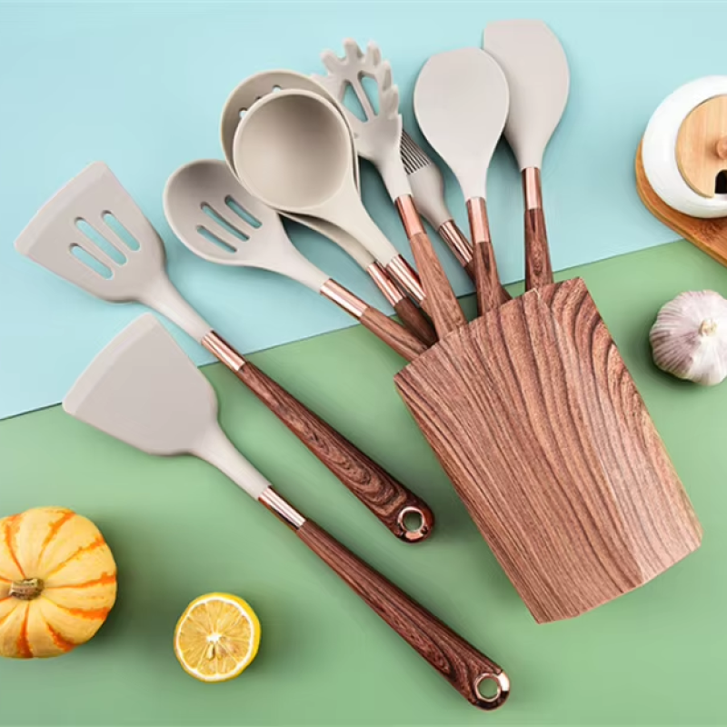 Kitchen Utensils Set Manufacturer - Wood Holder Silicone Non-Stick Bucket