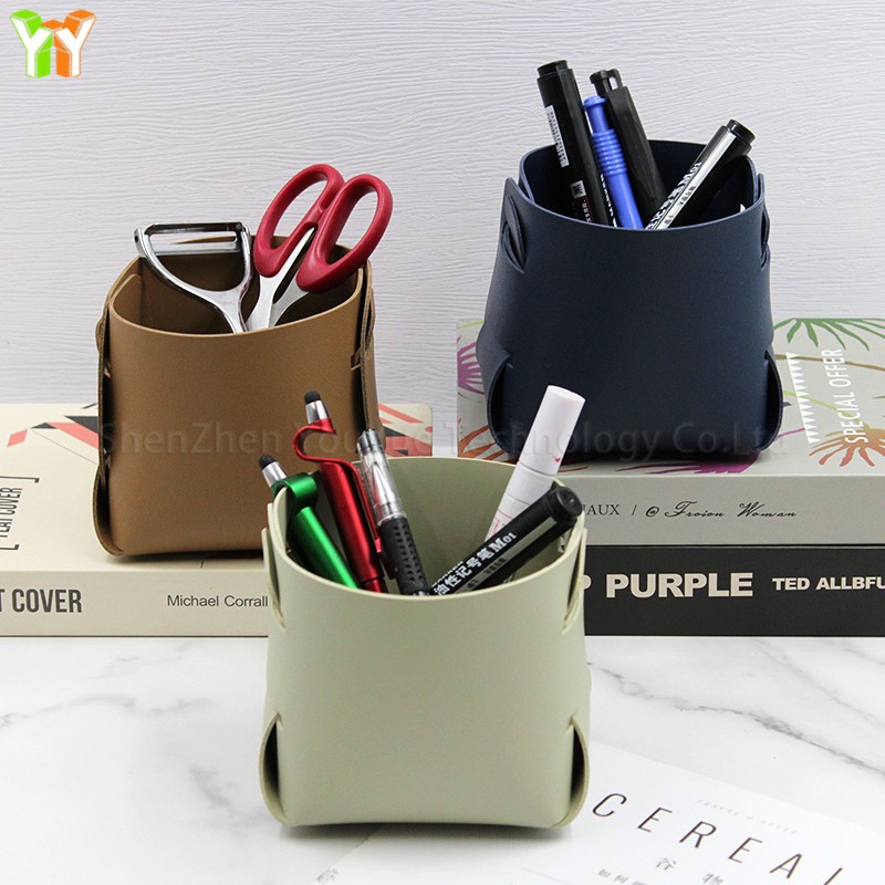 Desk Pen Holder Supplier - Small PU Leather Makeup Brush Cup Storage Bin