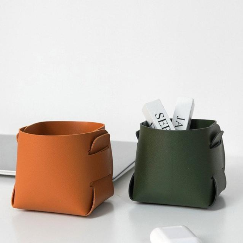 Desk Organizer Supplier - Small PU Leather Storage Pen Holders Basket