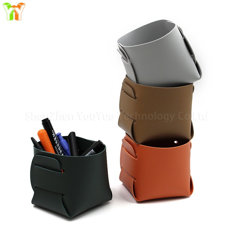 Desk Pen Holder Supplier - Small PU Leather Makeup Brush Cup Storage Bin