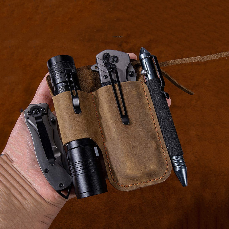 EDC Belt Organizer Supplier - Leather Pouch Holster Knife Flashlight Wallet