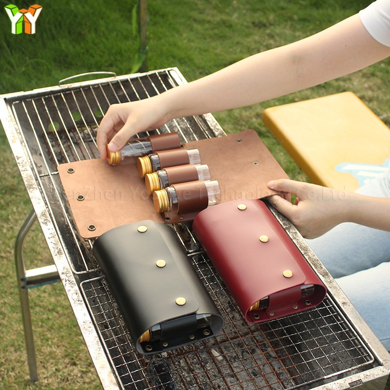 Camping Seasoning Bag Factory - Portable PU Leather 4 Cans Condiment Jar