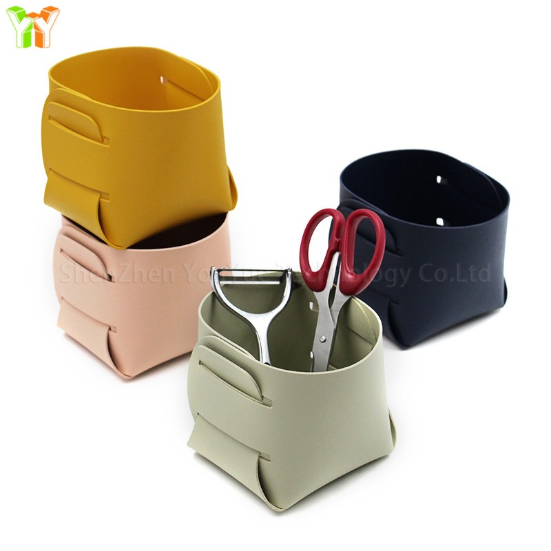 Desk Pen Holder Supplier - Small PU Leather Makeup Brush Cup Storage Bin