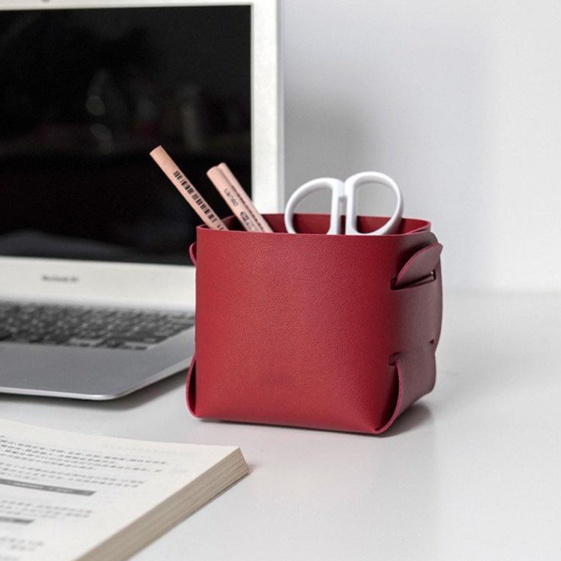 Desk Organizer Supplier - Small PU Leather Storage Pen Holders Basket