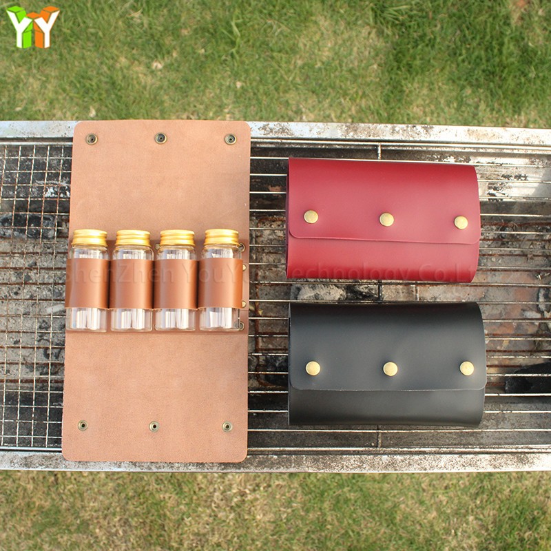 Camping Seasoning Bag Factory - Portable PU Leather 4 Cans Condiment Jar