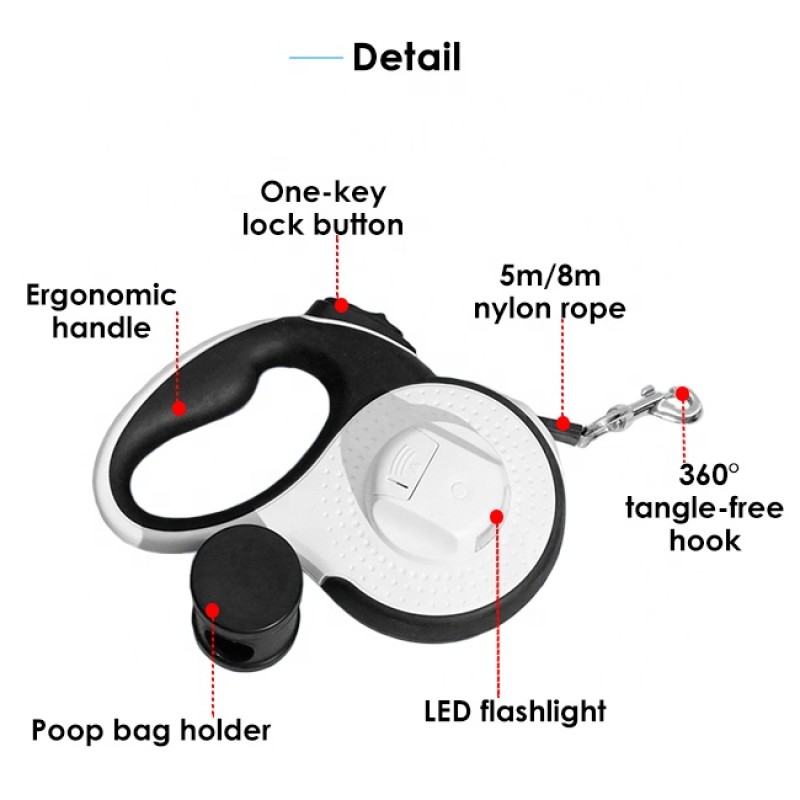Retractable Leash Supplier - 5m 8m Training Nylon Rope Flashlight