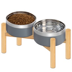 Elevated Dog Bowl Set Factory - Stainless Steel Wooden Stand Anti-Spill