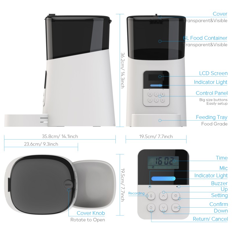 WIFI Cat Feeder Manufacturer - 6L Auto Dry Food Dispenser Clog-Free Design
