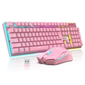 Wireless Keyboard Combo Factory - LED Backlit Rechargeable 3800mAh Pink Mechanical Feel