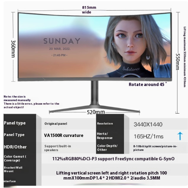 Computer Monitor Factory - Hot 120% SRGB 34-Inch 4K 180Hz 1ms E-Sports Screen 2K Resolution