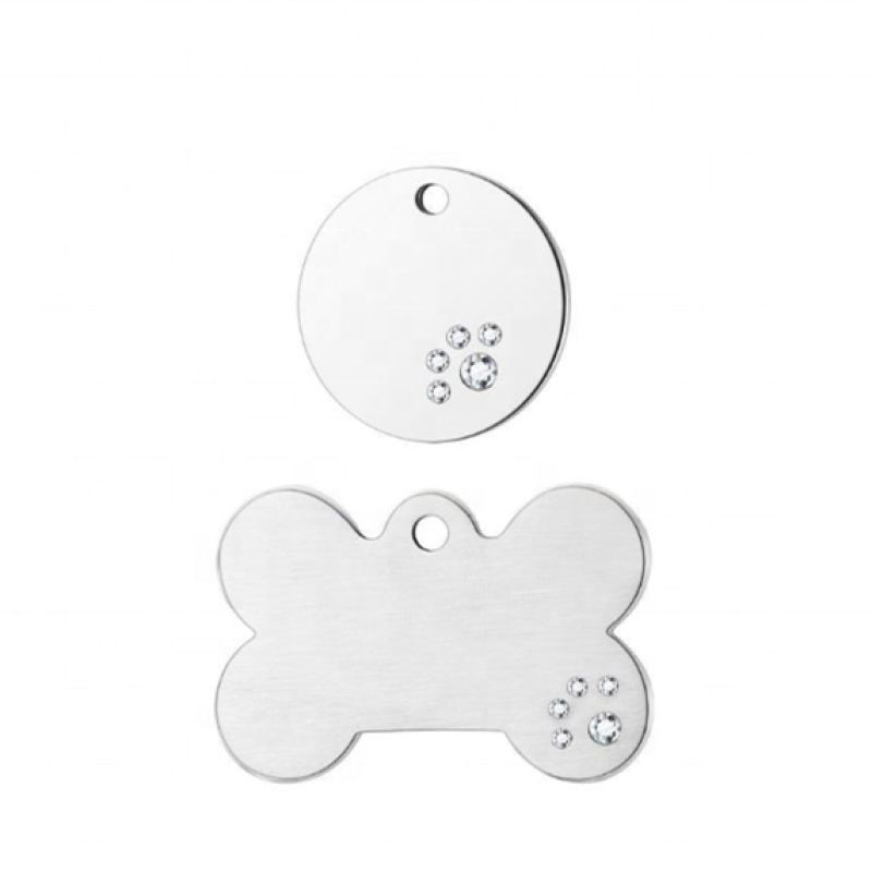 Diamond Dog Tag Supplier - Studded Stainless Steel Round Bone Custom Laser Engraved