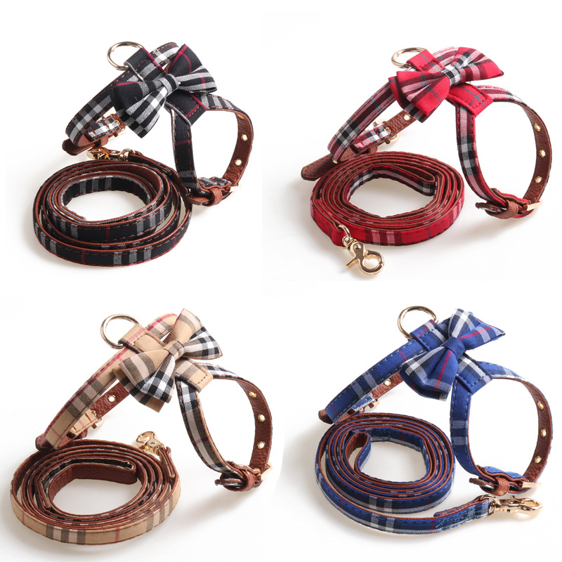 Pet Harness Supplier - Universal Dog Cat Walking Breathable PU Collar Personalized Plaid