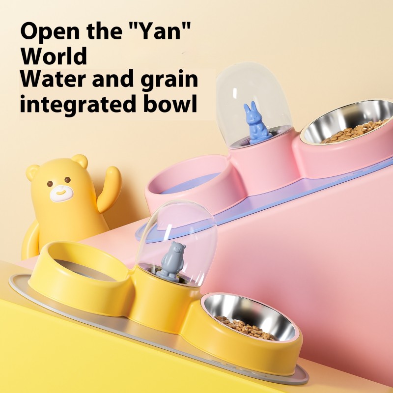 Pet Bowl Manufacturer - New Cartoon Double Bowl Automatic Drinking Cat Dog Basin Stainless Steel Plastic