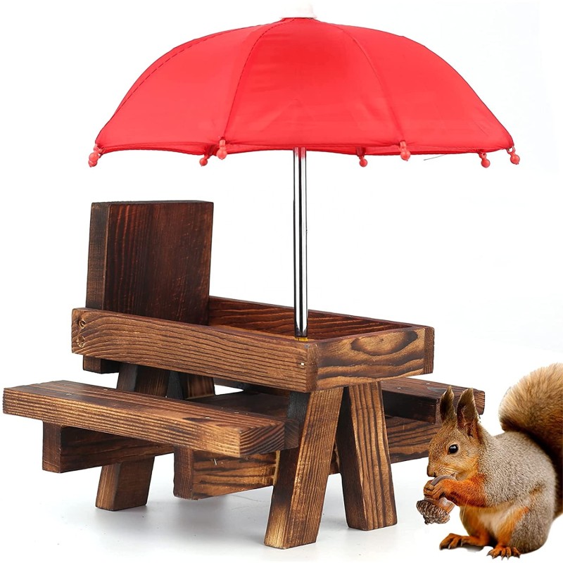 Squirrel Feeder Factory - Wooden Picnic Table with Umbrella Holder