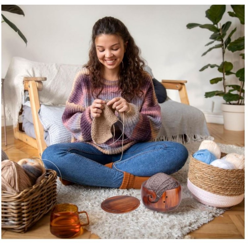 Knitting Bowl Supplier - 7x5.1in Wood Bowl with Lid Carved Holes