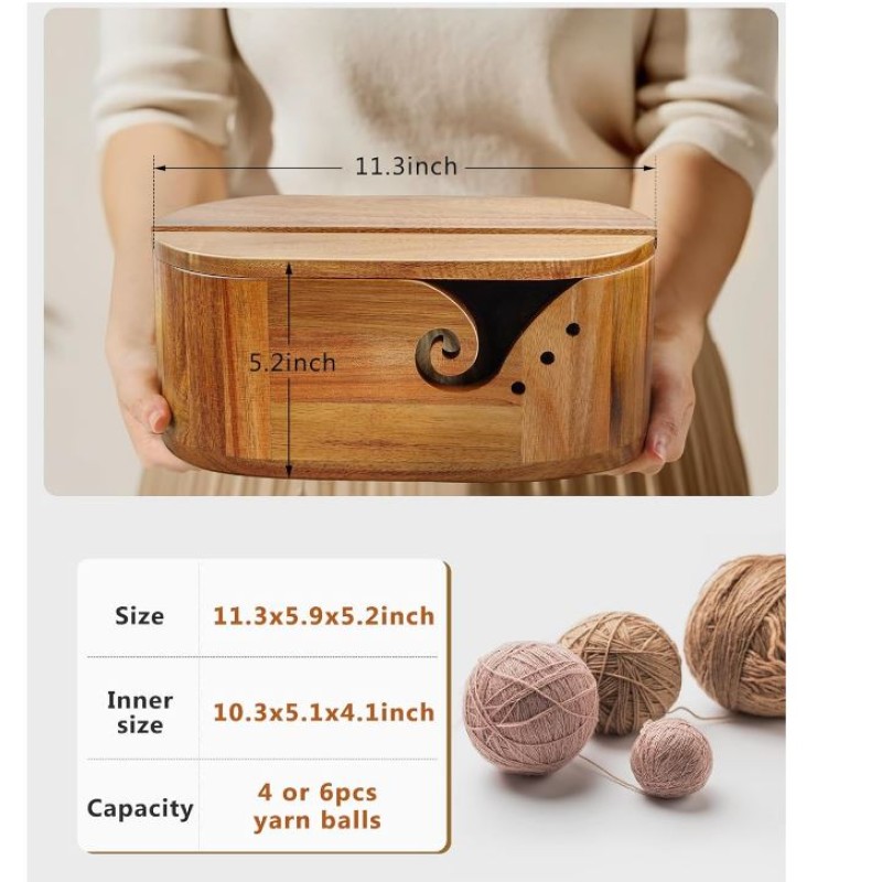 Yarn Bowl Manufacturer - Large Acacia Wood Oval with Knitting Hooks