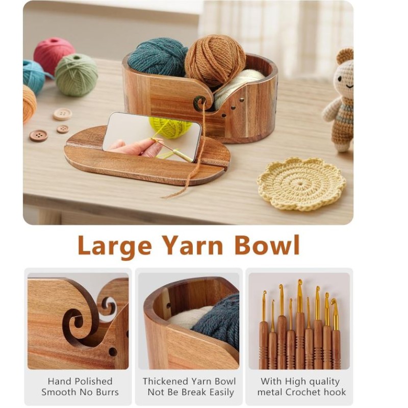 Yarn Bowl Manufacturer - Large Acacia Wood Oval with Knitting Hooks