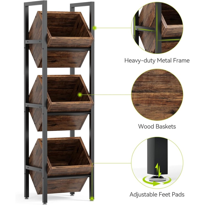Basket Stand Factory - 3 Tier Wooden Floor Shelving Unit