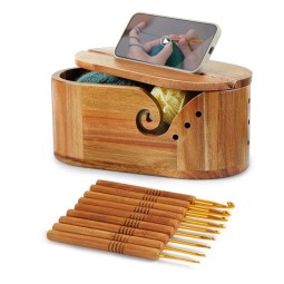 Yarn Bowl Manufacturer - Large Acacia Wood Oval with Knitting Hooks