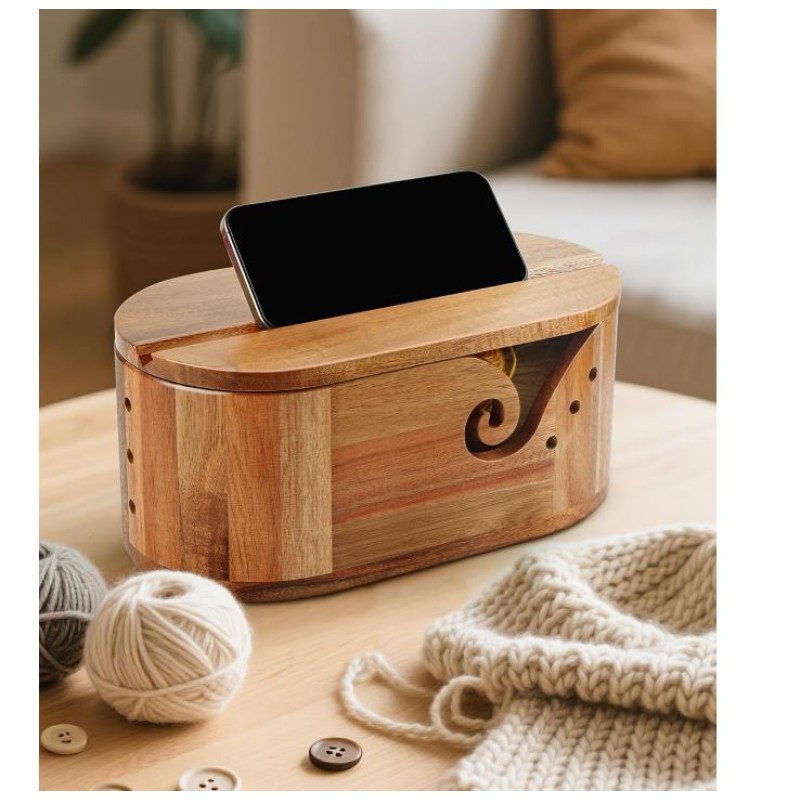 Yarn Bowl Manufacturer - Large Acacia Wood Oval with Knitting Hooks